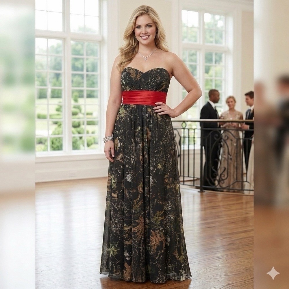 Christina Wu Maxi Dress 14 Forest Como Camo Persimmon Waistband Wedding Formal